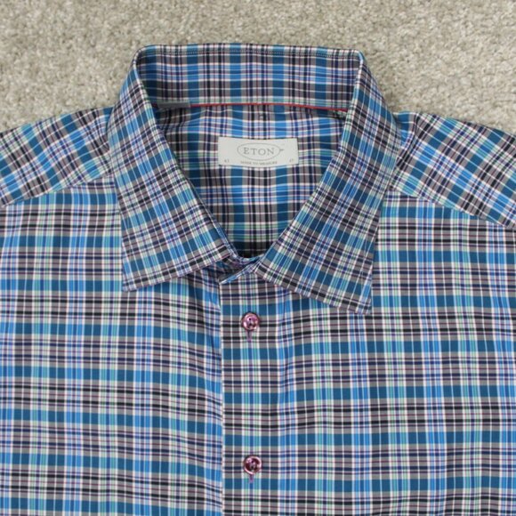 ETON Dress Shirt Men 17, 43 Blue/Green/Purple Plaid Long Sleeve Button Up - Picture 1 of 12